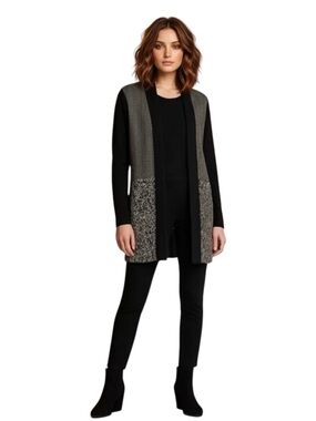 Vintage René Derhy Y2K Longline Vest Herringbone Tweed Mixed Knit Grey